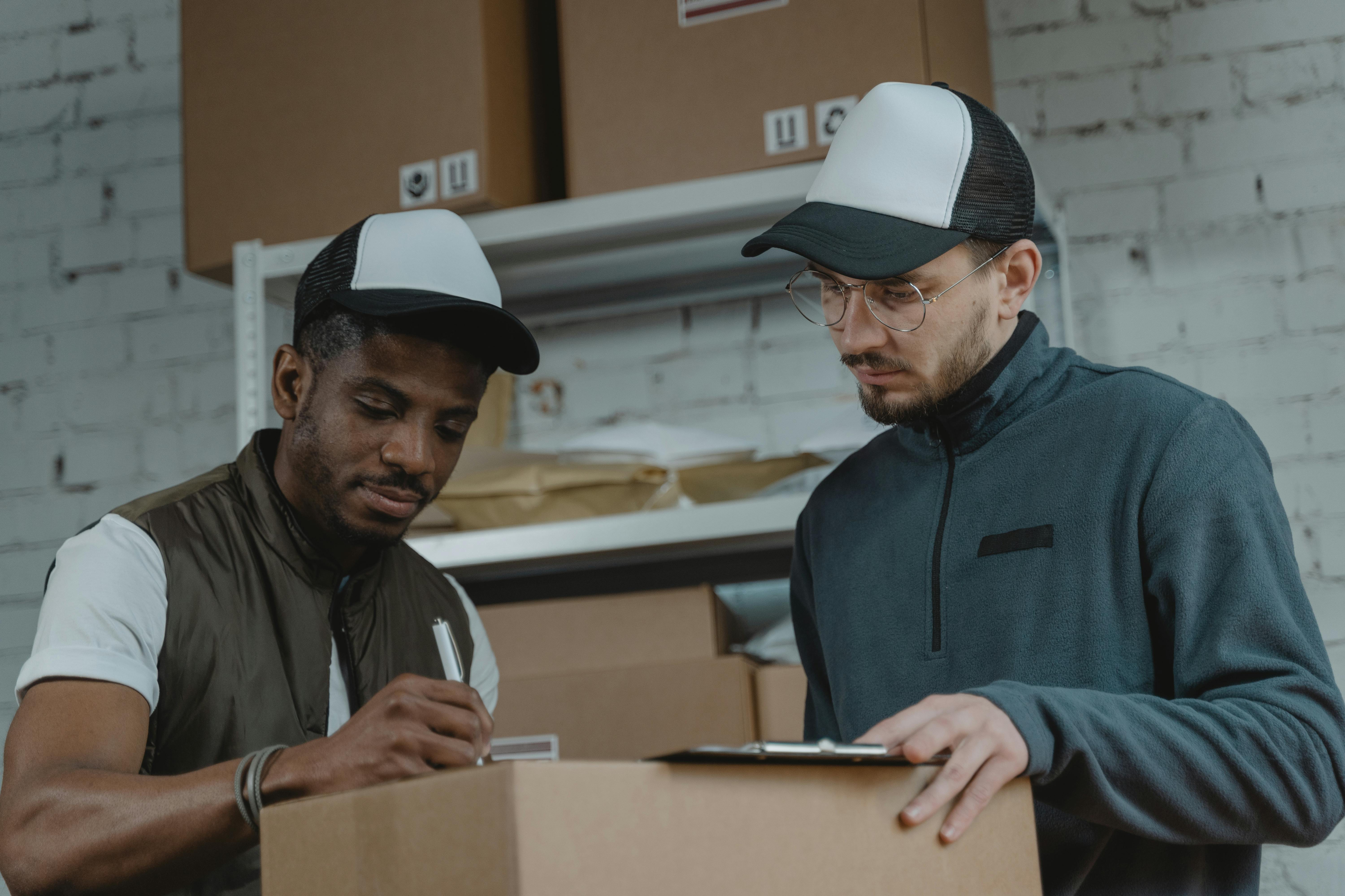 two men are checking the order information